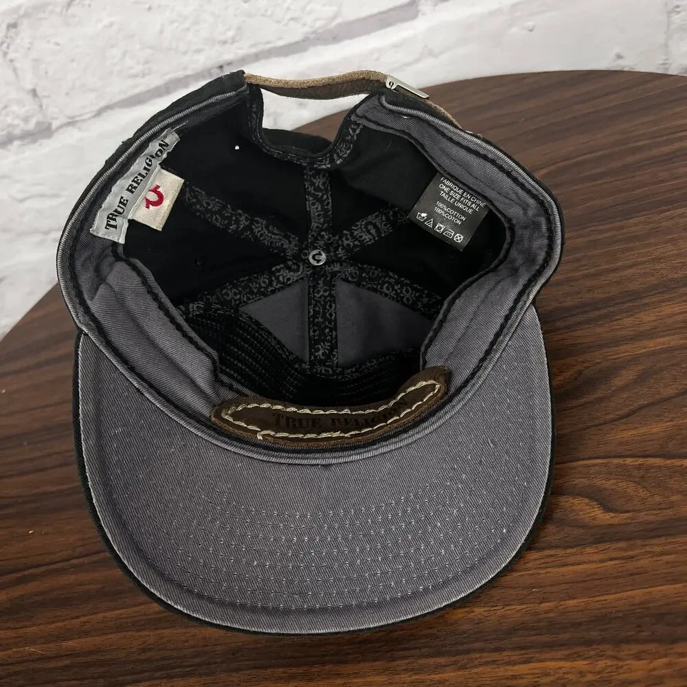True Religion Mens OS‎ Designer Streetwear Black Spellout Leather Strapback Hat